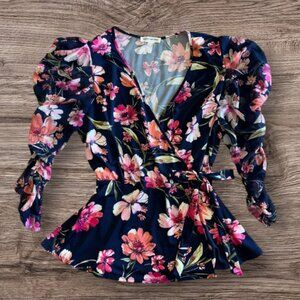 FLORAL FAUX WRAP TOP W/ GATHERED SHEER SLEEVES BY PERSEPTION CONCEPT SIZE LARGE